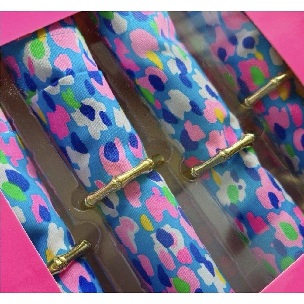 Lilly Pulitzer Hottie Dottie Napkin Set of 4 with Gold Bamboo Rings Floral Multi